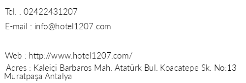 Hotel 1207 telefon numaralar, faks, e-mail, posta adresi ve iletiim bilgileri